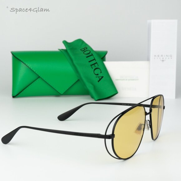 BRAND NEW Bottega Veneta BV1344S 002 Black Yellow Pilot Unisex Sunglasses - Picture 4 of 11